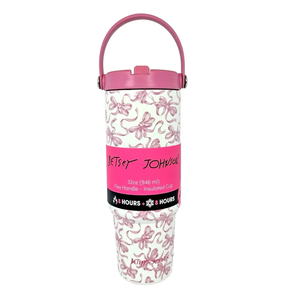Betsey Johnson Pink Bow 32 oz Insulated Tumbler Flip Straw Handle Coquette Cup